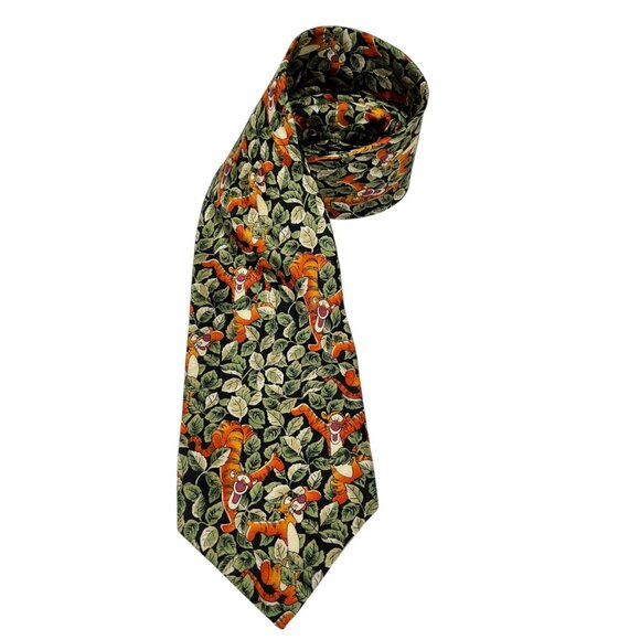 Vintage Disney World Mens Tigger in Jungle Leaves Green Orange Silk Pointed Tie - Picture 2 of 11